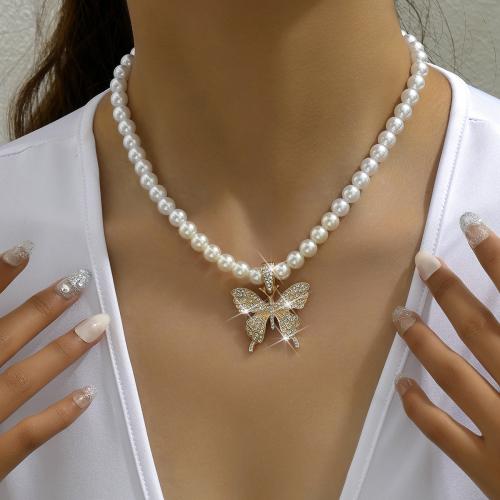 Plastic Pearl Necklace, with Tibetan Style, with 2.4inch extender chain, Butterfly, plated, for woman & with rhinestone, more colors for choice, Length:Approx 16.1 Inch, Sold By PC