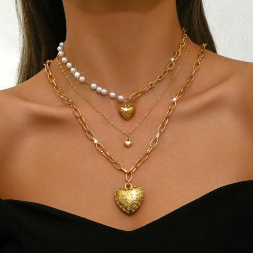 Tibetan Style Necklace, with Plastic Pearl, Heart, gold color plated, multilayer & for woman, Sold By PC