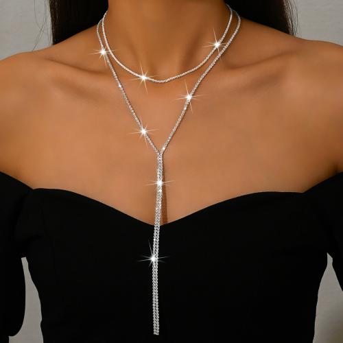 Brass Necklace, silver color plated, for woman & with rhinestone, Sold By PC