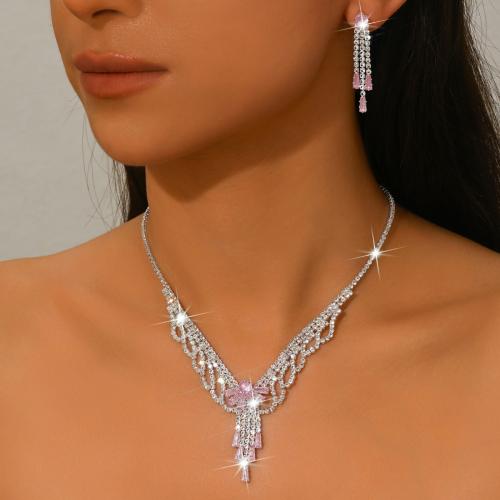 Messing Mode Schmuckset, Ohrring & Halskette, silberfarben plattiert, 2 Stück & Micro pave Zirkonia & für Frau, keine, verkauft von setzen