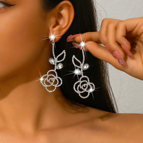 Brass Drop Earring, Flower, silver color plated, for woman & with rhinestone & hollow, Sold By Pair