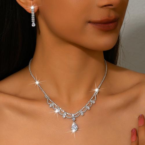 Messing Mode Schmuckset, Ohrring & Halskette, Tropfen, silberfarben plattiert, 2 Stück & Micro pave Zirkonia & für Frau, keine, verkauft von setzen