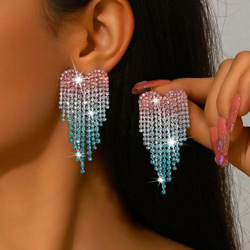 Brass Tassel Earring, Heart, plated, for woman & with rhinestone, more colors for choice, Sold By Pair