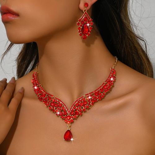 Tibetan Style Jewelry Set, earring & necklace, with Crystal, plated, 2 pieces & for woman & with rhinestone, more colors for choice, Sold By Set