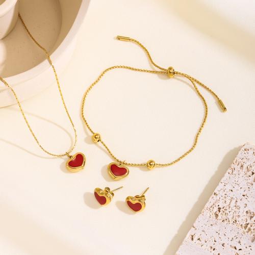 Fashion Stainless Steel Jewelry Sets, 304 Stainless Steel, Heart, plated, different styles for choice & for woman & enamel, golden, Necklace :45cm;Bracelet :16cm., Sold By PC
