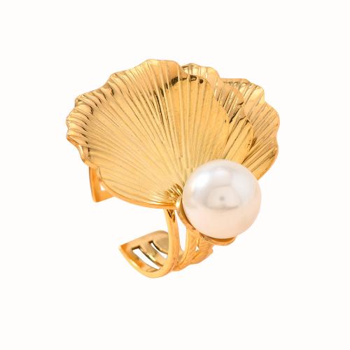 Stainless Steel Finger Ring, 304 Stainless Steel, with Plastic Pearl, plated, fashion jewelry & different styles for choice & for woman, golden, Sold By PC