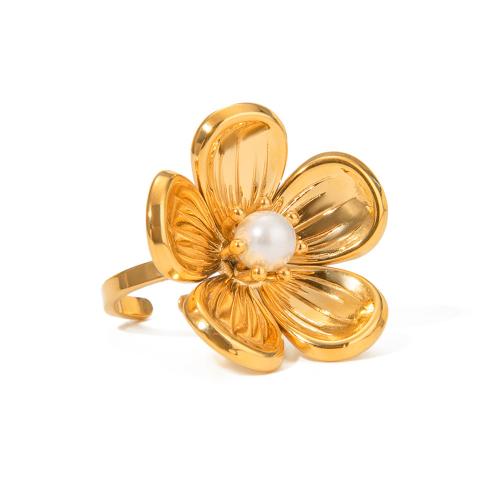 Stainless Steel Finger Ring, 304 Stainless Steel, with Plastic Pearl, Flower, 18K gold plated, fashion jewelry & for woman, Sold By PC