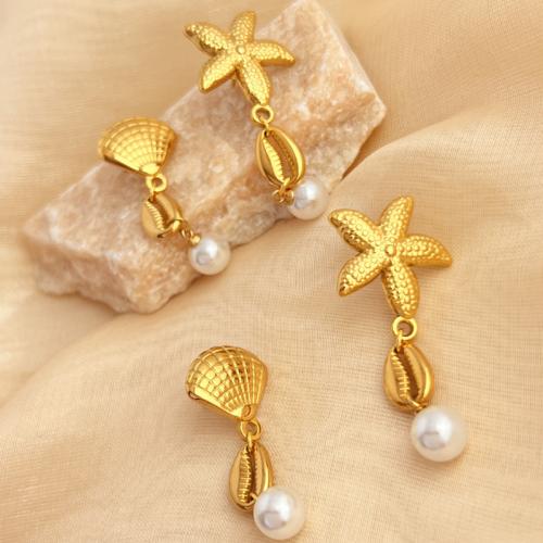 Stainless Steel Drop Earring, 304 Stainless Steel, with Plastic Pearl, 18K gold plated, different styles for choice & for woman & hollow, Sold By Pair