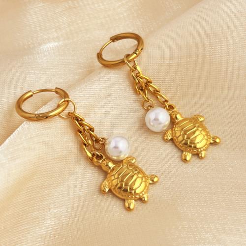Stainless Steel Drop Earring, 304 Stainless Steel, with Plastic Pearl, plated, fashion jewelry & for woman, golden, Sold By Pair