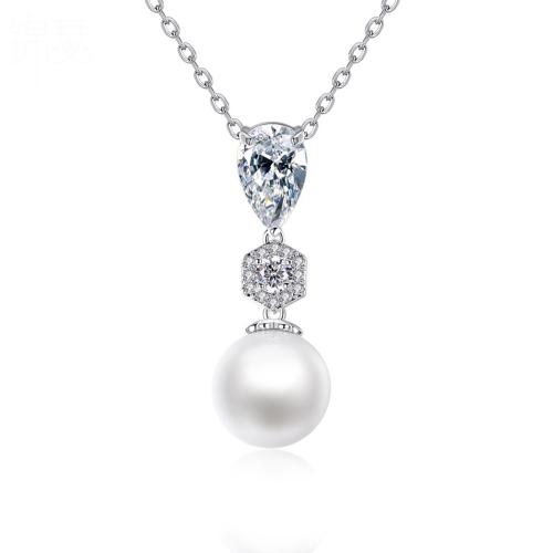 Brass Necklace, with Cubic Zirconia & Plastic Pearl, plated, fashion jewelry & for woman, Sold By PC