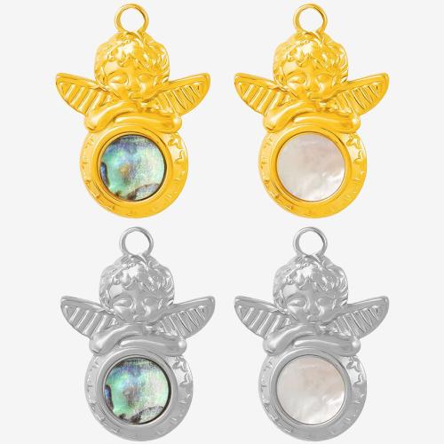 Acier inoxydable 304 Pendentif, avec coquille d'ormeau, ange, Placage, DIY, plus de couleurs à choisir, 28x19mm, 10PC/sac, Vendu par sac