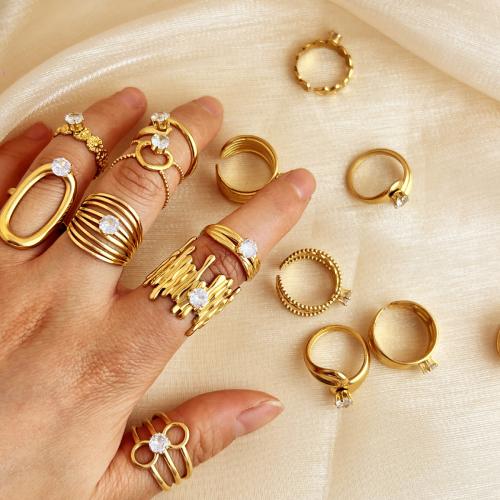 Stainless Steel Finger Ring, 304 Stainless Steel, gold color plated, random style & for woman & with rhinestone, Sold By PC