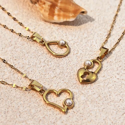 Stainless Steel Jewelry Necklace, 304 Stainless Steel, with Plastic Pearl, plated, different styles for choice & for woman & hollow, golden, Sold By PC