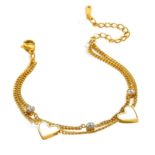 Stainless Steel Jewelry Bracelet, 304 Stainless Steel, with White Shell, 18K gold plated, Double Layer & for woman & with rhinestone, Length:Approx 16 cm, Sold By PC