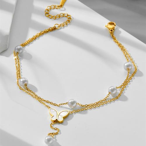 Stainless Steel Anklet, 304 Stainless Steel, with White Shell & Plastic Pearl, plated, Double Layer & fashion jewelry & for woman, golden, Length:Approx 21 cm, Sold By PC