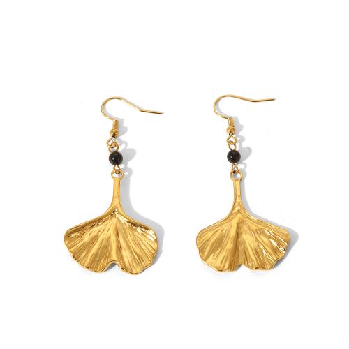 Stainless Steel Drop Earring, 304 Stainless Steel, with Black Agate, Ginkgo Leaf, plated, fashion jewelry & for woman, golden, Sold By Pair