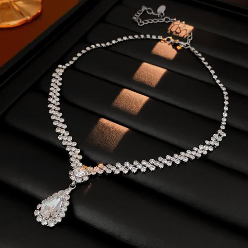 Tibetan Style Necklace, Teardrop, silver color plated, for woman & with rhinestone, Length:Approx 16.9 Inch, Sold By PC