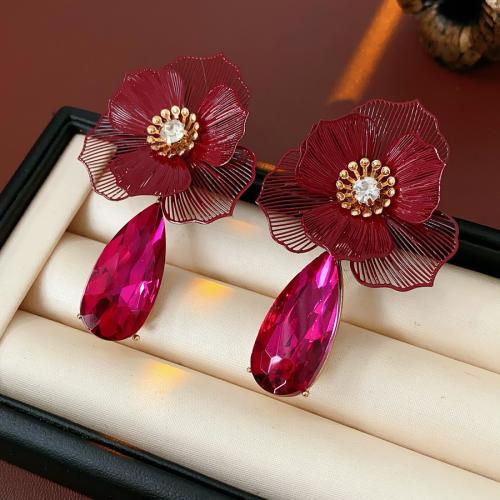 Tibetan Style Drop Earring, Flower, plated, for woman & with rhinestone & hollow, 40x65mm, Sold By Pair