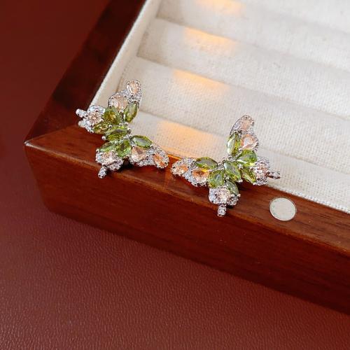 Messing Ohrstecker, Schmetterling, plattiert, Micro pave Zirkonia & für Frau, 13x20mm, verkauft von Paar