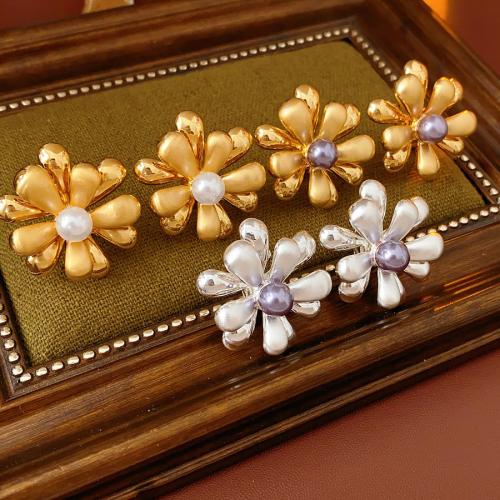 Tibetan Style Stud Earring, with Plastic Pearl, Flower, plated, fashion jewelry & for woman, more colors for choice, Sold By Pair