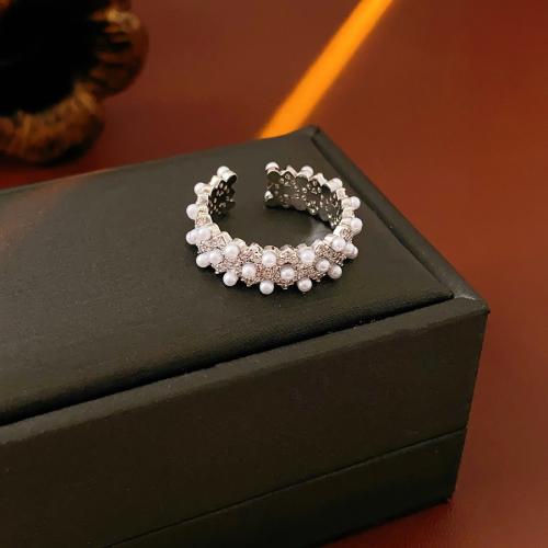 Brass Cuff Finger Ring, with Plastic Pearl, silver color plated, micro pave cubic zirconia & for woman, US Ring Size:6-10, Sold By PC