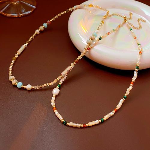 Tibetan Style Necklace, with White Shell & Freshwater Pearl & Crystal, with 2.8inch extender chain, plated, different styles for choice & for woman, Length:Approx 15.7 Inch, Sold By PC
