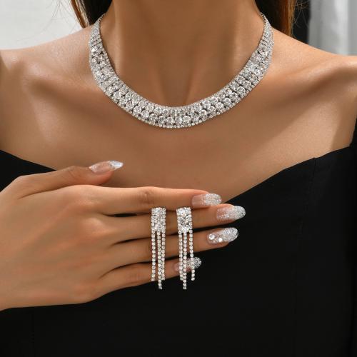 Tibetan Style Jewelry Set, earring & necklace, silver color plated, 2 pieces & for woman & with rhinestone, Sold By Set
