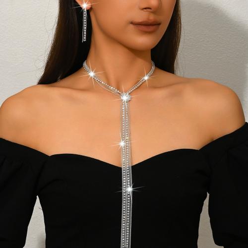 Brass Jewelry Set, earring & necklace, silver color plated, 2 pieces & for woman & with rhinestone, Sold By Set