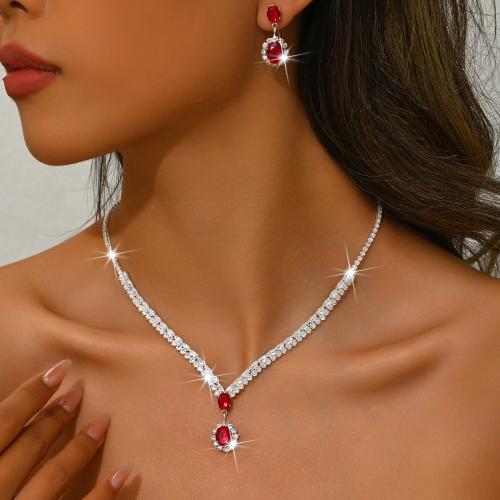 Tibetan Style Jewelry Set, earring & necklace, silver color plated, 2 pieces & micro pave cubic zirconia & for woman, more colors for choice, Sold By Set
