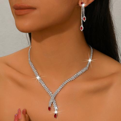 Messing Mode Schmuckset, Ohrring & Halskette, silberfarben plattiert, 2 Stück & Micro pave Zirkonia & für Frau, keine, verkauft von setzen