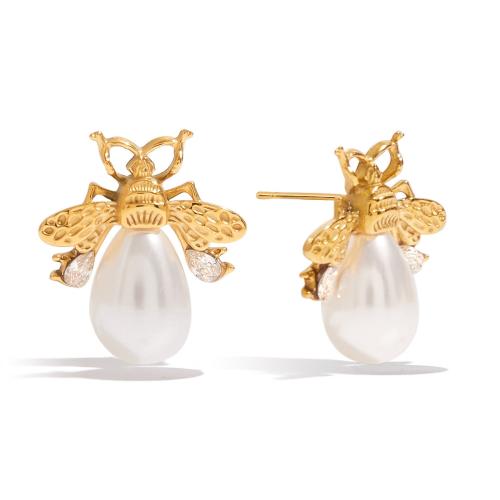 Stainless Steel Stud Earrings, 304 Stainless Steel, with Cubic Zirconia & Plastic Pearl, Bee, 18K gold plated, fashion jewelry & for woman, Sold By Pair