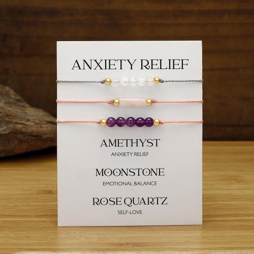Gemstone Bracelets, Brass, with Moonstone & Wax Cord & Amethyst & Rose Quartz, handmade, three pieces & fashion jewelry & for woman, multi-colored, Sold By Set