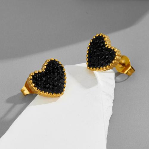 Stainless Steel Stud Earrings, 304 Stainless Steel, Heart, plated, fashion jewelry & for woman & with rhinestone, golden, 10x10x10mm, Sold By Pair