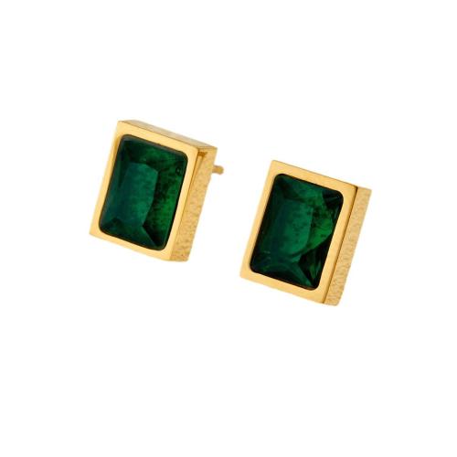 Stainless Steel Stud Earrings, 304 Stainless Steel, with Cubic Zirconia, Rectangle, 18K gold plated, fashion jewelry & for woman, 10x10x10mm, Sold By Pair