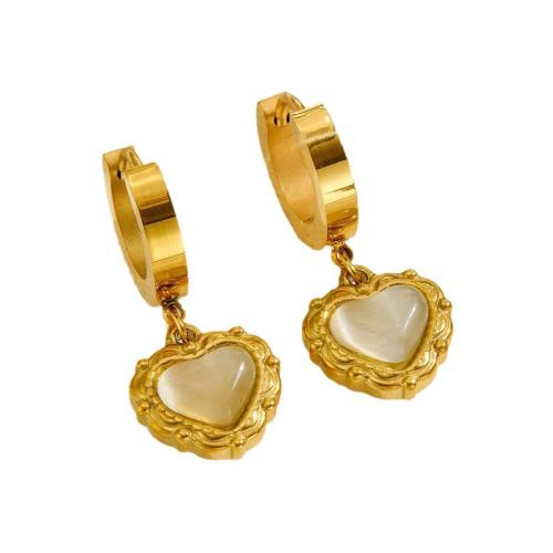 Stainless Steel Drop Earring, 304 Stainless Steel, with White Shell, Heart, plated, fashion jewelry & for woman, golden, 10x10x10mm, Sold By Pair