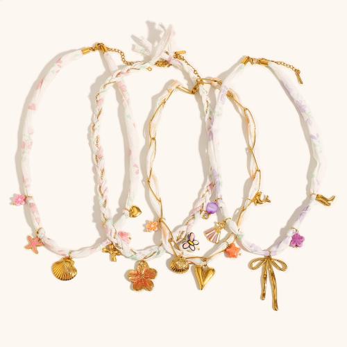 Stainless Steel Jewelry Necklace, 304 Stainless Steel, with Natural Stone & Cloth, 18K gold plated, fashion jewelry & different styles for choice & for woman, Sold By PC