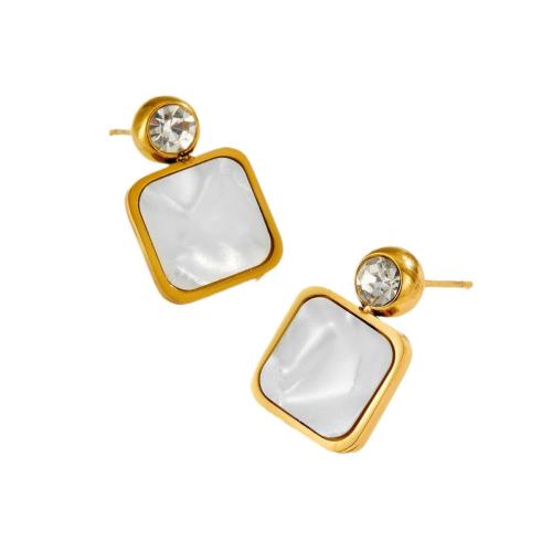 Stainless Steel Stud Earrings, 304 Stainless Steel, with Cubic Zirconia & White Shell, plated, fashion jewelry & for woman, more colors for choice, 10x10x10mm, Sold By Pair