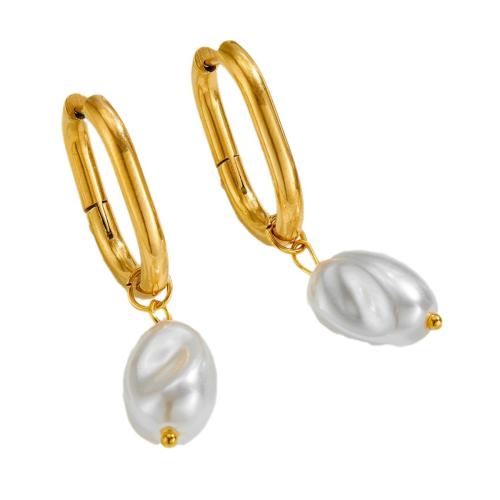 Stainless Steel Drop Earring, 304 Stainless Steel, with Plastic Pearl, plated, fashion jewelry & for woman, golden, 10x10x10mm, Sold By Pair