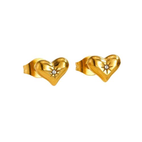 Stainless Steel Stud Earrings, 304 Stainless Steel, Heart, plated, fashion jewelry & for woman & with rhinestone, golden, 10x10x10mm, Sold By Pair