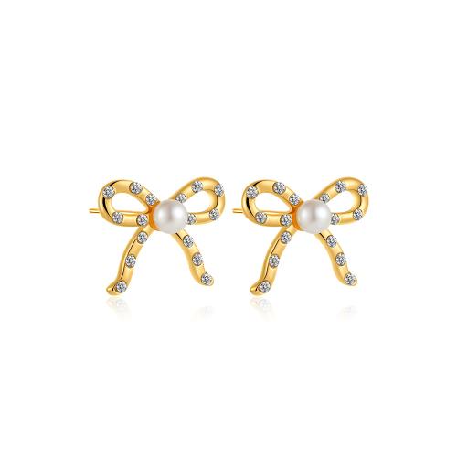 Brass Stud Earring, with Plastic Pearl, Bowknot, 18K gold plated, for woman & with rhinestone & hollow, Sold By Pair