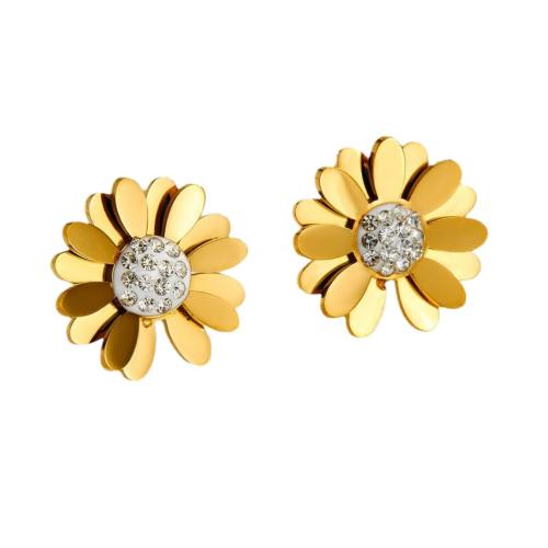 Stainless Steel Stud Earrings, 304 Stainless Steel, Daisy, 18K gold plated, fashion jewelry & for woman & with rhinestone, 10x10x10mm, Sold By Pair