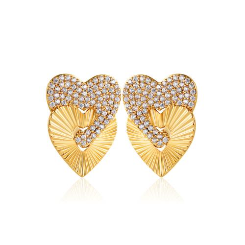 Befestiger Zirkonia Messing Ohrring, Herz, 18K vergoldet, Doppelschicht & Micro pave Zirkonia & für Frau, verkauft von Paar