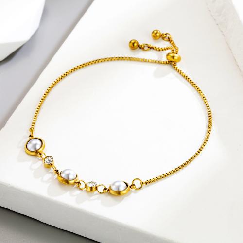 Stainless Steel Jewelry Bracelet, 304 Stainless Steel, with Plastic Pearl, plated, fashion jewelry & for woman & with rhinestone, golden, Sold By PC