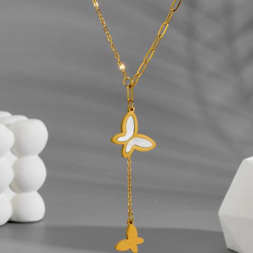 Stainless Steel Jewelry Necklace, 304 Stainless Steel, with White Shell, plated, fashion jewelry & for woman, golden, Length:Approx 45 cm, Sold By PC