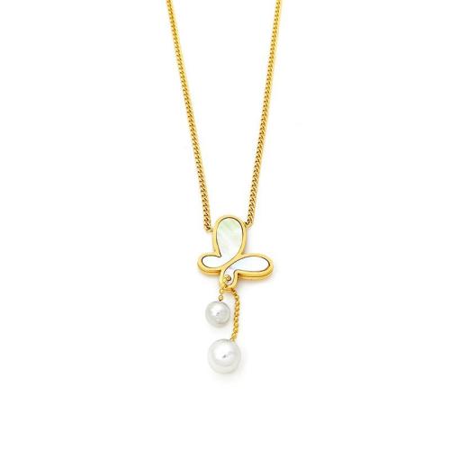 Stainless Steel Jewelry Necklace, 304 Stainless Steel, with White Shell & Plastic Pearl, plated, fashion jewelry & for woman, golden, Length:Approx 45 cm, Sold By PC