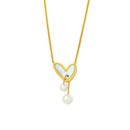 Stainless Steel Jewelry Necklace, 304 Stainless Steel, with White Shell & Plastic Pearl, plated, fashion jewelry & for woman, golden, Length:Approx 45 cm, Sold By PC