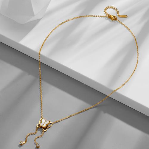 Stainless Steel Jewelry Necklace, 304 Stainless Steel, with White Shell, plated, for woman & with rhinestone & hollow, golden, Length:Approx 45 cm, Sold By PC