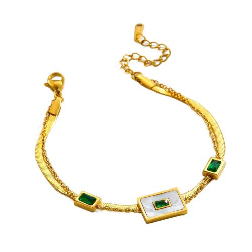 Stainless Steel Jewelry Bracelet, 304 Stainless Steel, with White Shell, plated, Double Layer & for woman & with rhinestone, golden, Length:Approx 16 cm, Sold By PC