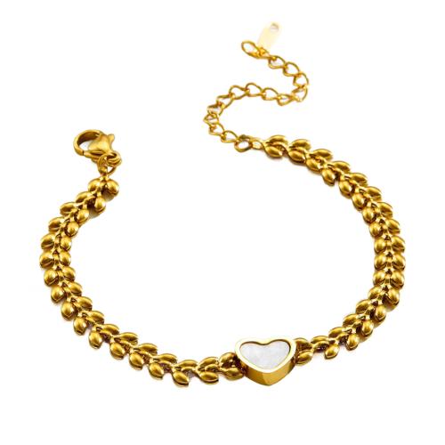 Stainless Steel Jewelry Bracelet, 304 Stainless Steel, with White Shell, Vacuum Ion Plating, fashion jewelry & for woman, golden, Length:Approx 16 cm, Sold By PC