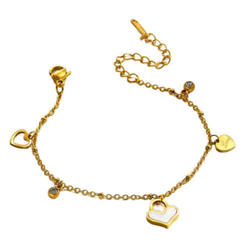 Stainless Steel Jewelry Bracelet, 304 Stainless Steel, with White Shell, 18K gold plated, fashion jewelry & for woman & with rhinestone, Length:Approx 16 cm, Sold By PC